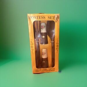 Vtg Hostess Set Salad Fork Spoon Salt & Pepper Shakers New In Box MCM Japan